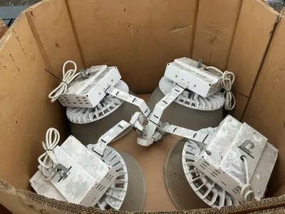 LOT OF (8) INDUSTRIAL LED LUMINAIRE WAREHOUSE LIGHTING, MOTION DETECTORS, SUPPORT HOOK, POWERCORD, R...