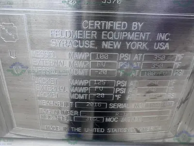 USED FELDMEIER 400 LITER STAINLESS STEEL JACKETED REACTOR 100 PSI/FV W/ 3 HP MOTOR
