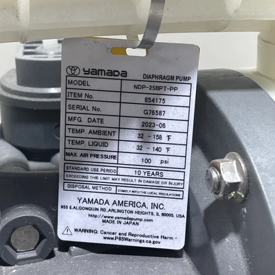 Used Yamada NDP-25BPT-PP Diaphragm Pumps Indiana US | J&J Industrial Supply #1427160