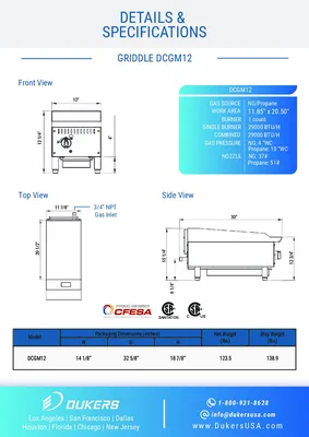 New | in-Stock Dukers New Dukers DCGM12 12 in. W Flat Top Griddle with 1 Burners Commercial Flat Top Griddles Illinois US | Falcon Restaurant Supply #1376278