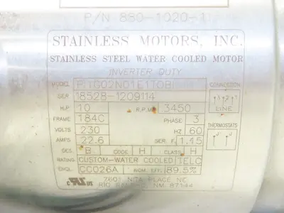 Stainless Motors PI1G02N01E1TOBI AC Washdown Motor 10Hp 3450rpm 230V 3ph 184C TE
