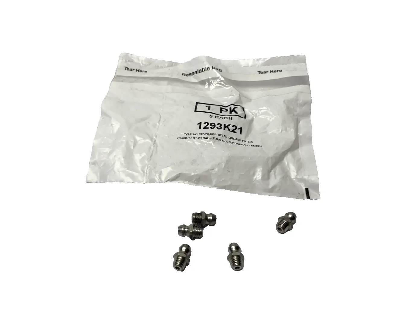 1293K21 | Grease Fitting, Striaght, 303 SS, 1/4"-28 SAE-LT Male, 17/32" OAL, 5-PK - New Other