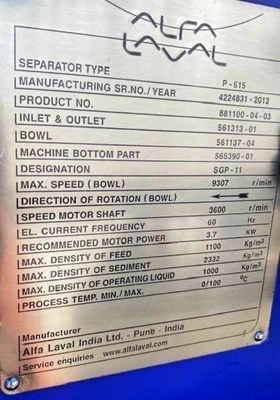 (10) NEW: Alfa-Laval P-615 lube oil purifiers, 316SS.