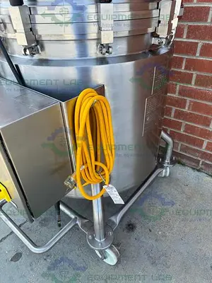 USED ALLEGHENY 400 LITER STAINLESS STEEL JACKETED REACTOR 45 PSI W/ 5 HP TOP MIXER