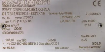 NEW SEW EURODRIVE FH67 DRP90M4BE1/XH1A GEARMOTOR 142.40 277/480V