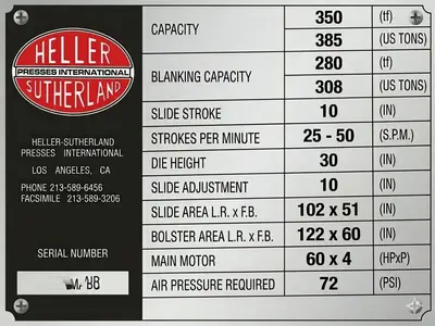 Used HELLER-SUTHERLAND S016 Straight Side Presses MX | Aucto #1310721