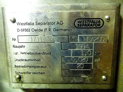 Westfalia HSA 200-06-777 clarifier centrifuge, 316SS.