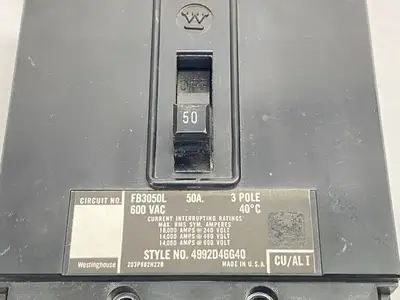 USED WESTINGHOUSE MOLDED CASE CIRCUIT BREAKER 3P 50A 600VAC 4992D46G40