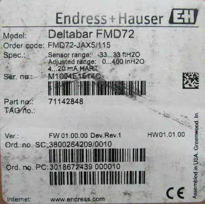 NEW ENDRESS HAUSER FMD72-JAX5/115 DELTABAR FMD72 DIFFERENTIAL PRESSURE SYSTEM