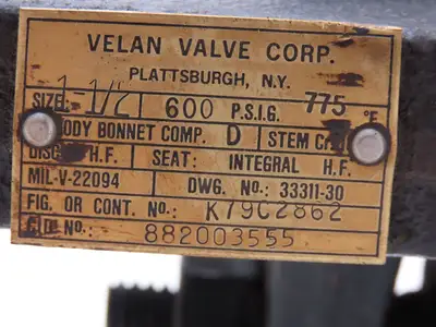 Velan 882003555 Globe Valve 1-1/2" Socket Weld Rising Stem 600PSIG Steel Body