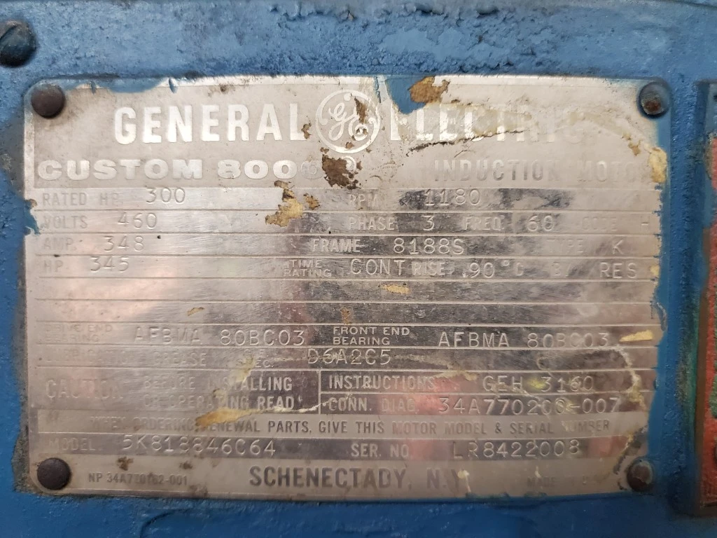 GE 300HP, 1180 RPM, 460 VAC Motor