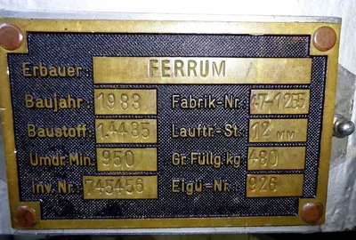 Ferrum DSZ-O 1250/630 perforate basket centrifuge, 316L SS.