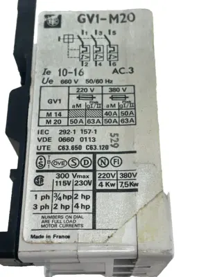 USED TELEMECANIQUE GV1-M20 MOTOR PROTECTOR GV1M20