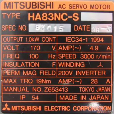 USED MITSUBISHI HA83NC-S SERVO MOTOR HA83NCS