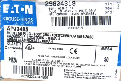 NEW EATON CROUSE HINDS APJ3485 PLUG 3P 30A
