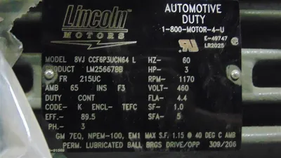 3 HP 8VJ CCF6P3UCN64 L Lincoln Motor 215UC Frame 460V 1170 RPM Used