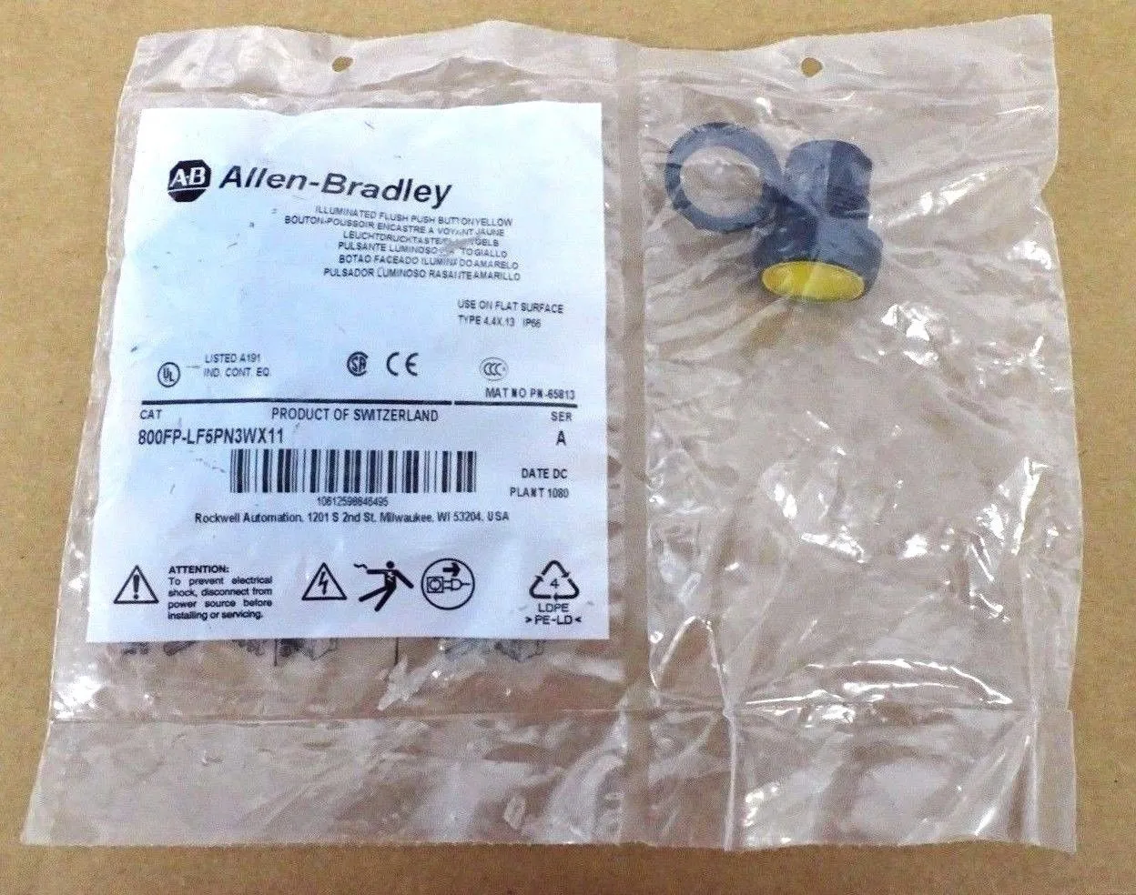 LOT OF 4 NEW ALLEN BRADLEY 800FP-LF5PN3WX11 YELLOW ILLUMINATED PUSH BUTTONS