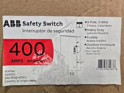 NEW 400A GE ABB THF3365AR Fusible Safety Disconnect Switch 600VAC NEMA3R 3 POLE