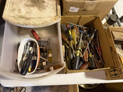 Large lot of assorted hand tools, includes sockets, wrenches, screwdrivers, nut drivers, brushes, an...