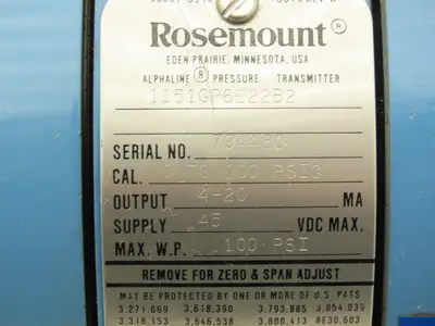 Rosemount 1151GP6E22B2 Alphaline Pressure Transmitter 0-100PSI 45VDC