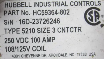 NEW HUBBELL HC91819202 MAGNET CONTROLLER SIZE 3 TYPE 4291 HC59322-104 HC59364802