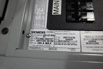SIEMENS P1 250A 208Y/120V P1C30BL100ATST MAIN BEAKER STOCK HS41