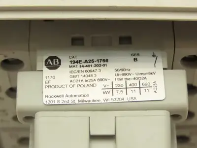 Allen Bradley 194E-A25-1756 Disconnect Load Switch 25A 600V 3PH 7x5x4" Enclosure