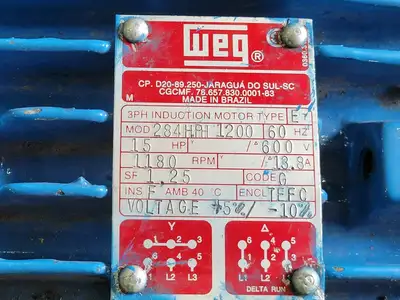 15 hp, 600 volts, 1180 rpm Electric Motor 284HPH1200