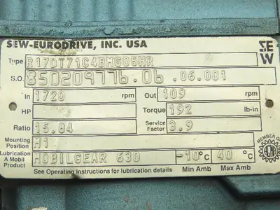 Sew Eurodrive R17 DFT71C4BMG05HR Gearmotor w/Brake .33Hp 230/460V 15.8:1 108rpm