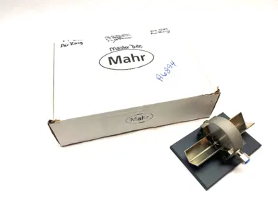 USED MAHR DIMENSIONAIR 2-JET AIR RING GAUGE W/ GUIDE CHUTES & BASE PLATE