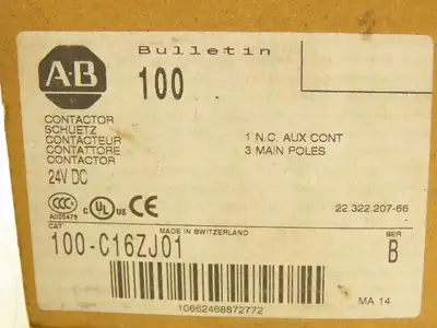 Allen Bradley 100-C16ZJ01 IEC Contactor Motor Starter 16A 3-Pole 600V 24VDC Coil