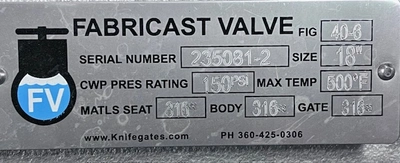 18" FabriCast Hand Wheel Operated Stainless Steel Knife Gate Valve New Storeroom Spare