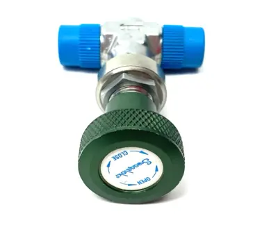 USED SWAGELOK CHROME-PLATED BRASS METERING VALVE, GREEN KNOB, KNURLED