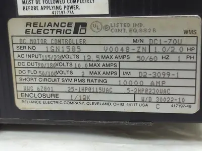 Used RELIANCE DC1-70U Industrial Controls | Surplus Asset Holdings #1221796