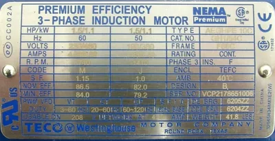 NEW TECO WESTINGHOUSE GH1/54C MOTOR 1.5HP 230/460V 1800RPM 5/8" DIA. AEGHPE-10C