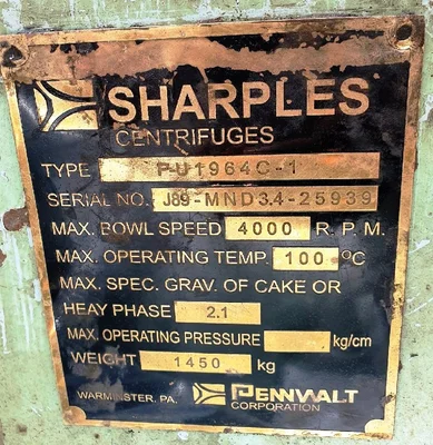 Sharples P3400 decanter centrifuge, 316SS.