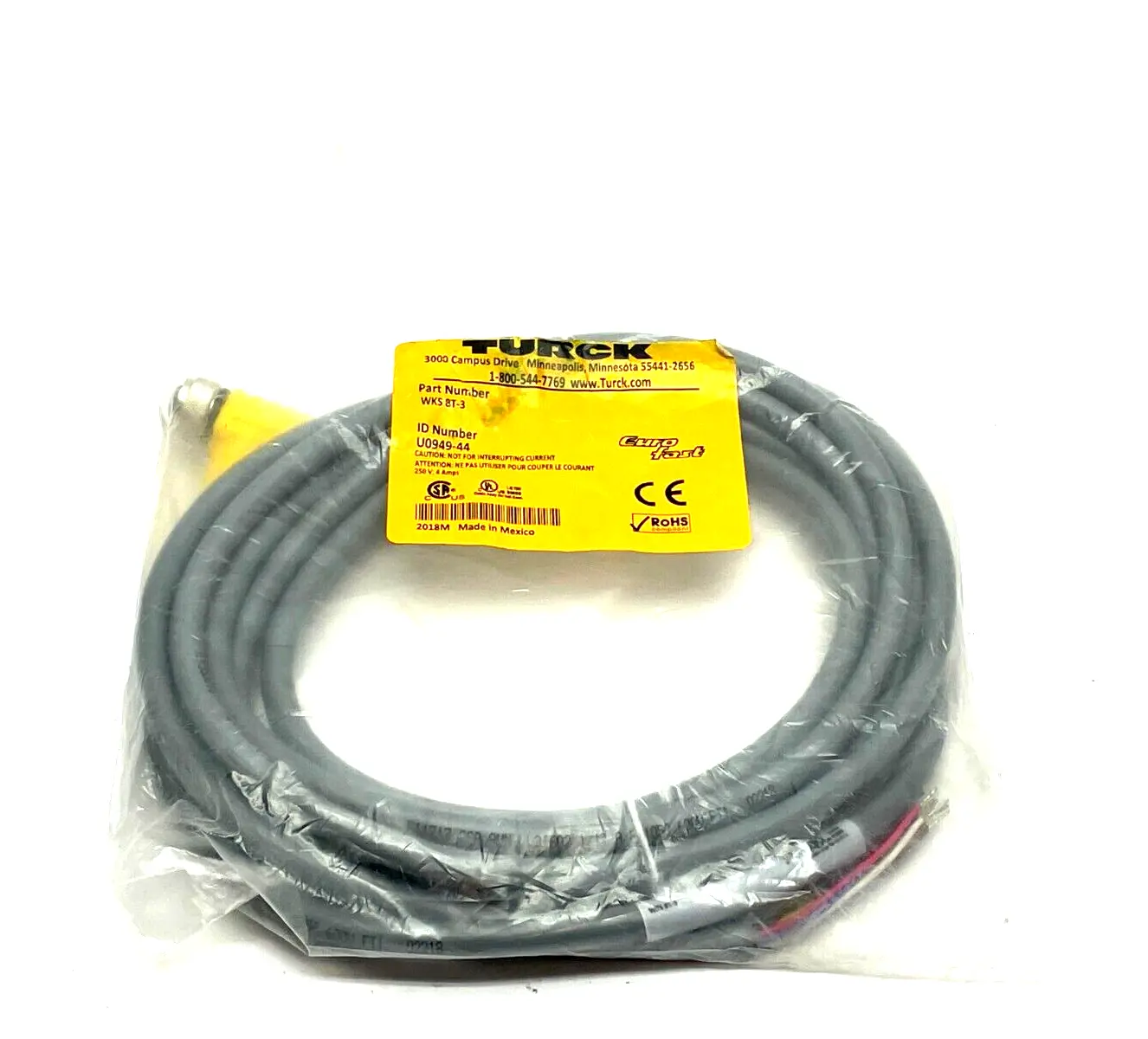 NEW TURCK EUROFAST SINGLE ENDED CORDSET RT ANGLE 8-PIN 3M LENGTH U0949-44