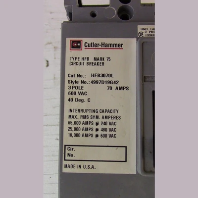 Cutler Hammer 3 Pole 70 Amp HFB Breaker