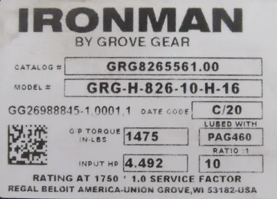 NEW GROVE GEAR GRG8265561.00 GEAR REDUCER 10:1 GRG-H-826-10-H-16