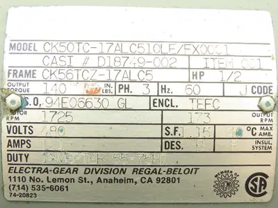 Electra Gear CK50TC-17ALC510LE AC Motor .5Hp 1725rpm 480V 3PH 56C CK56TC2-17ALC5