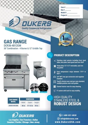 New | in-Stock Dukers New Dukers DCR36-4B12GM 36" Gas Range with Four (4) Open Burners & 12" Flat Top Griddle Commercial Ranges Illinois US | Falcon Restaurant Supply #1376280
