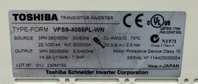 USED TOSHIBA VFS9-4055PL-WN TRANSISTOR INVERTER DRIVE 7.5HP
