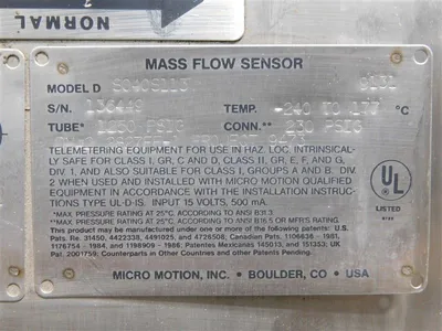 Micro Motion DS040S113 Mass Flow Sensor 1/2" 150# 05849 Meter Factor Used