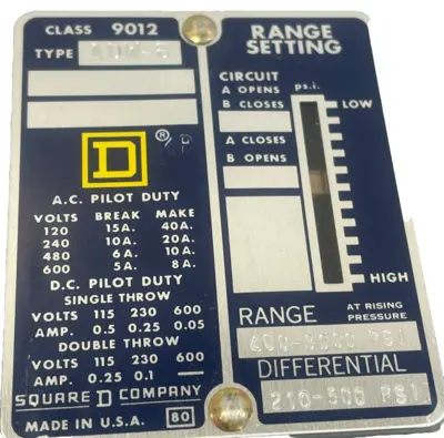 NEW SQUARE D 9012-ADW6 PRESSURE SWITCH 9012ADW6