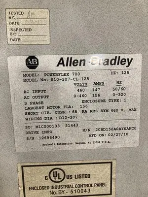 ELECTRICAL ENCLOSURE WITH 20BD156A0AYNANC0 Allen Bradley 125HP Powerflex 700