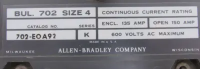 ALLEN BRADLEY 702-EOA92 AC CONTACTOR SIZE 4 SER.K 2-POLE 702EOA92 NEW SURPLUS