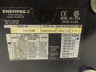 Enerpac ZE3220MB Hydraulic Pump 10000psi 1Hp 115V Oil Flow @ 100psi 450in³/Min