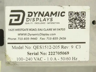 Dynamic Displays QES1512-205 HMI Touch Screen Control Panel 100-240VAC Rev 9 C3