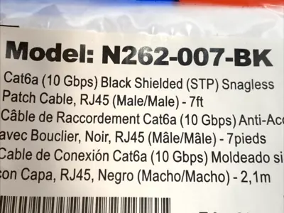 USED TRIPP LITE SHIELDED ETHERNET PATCH CABLE 7' CAT6A BLACK RJ45 M/M