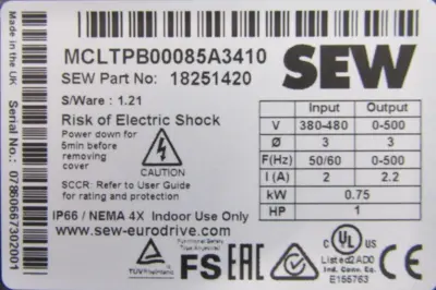 NEW SEW EURODRIVE 18251420 FREQUENCY INVERTER 1HP MCLTPB0008-5A3-4-10